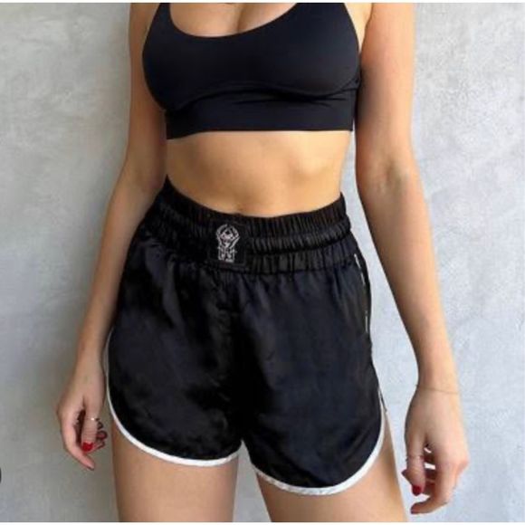 We Are Hah Pants - We Are Hah High-Waisted Thick Waistband Haht Boxer Satin Shorts Black Size L